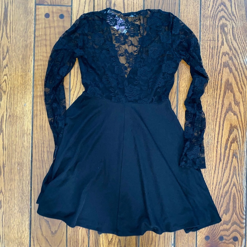 NWT - Black long sleeve lace top skater dress